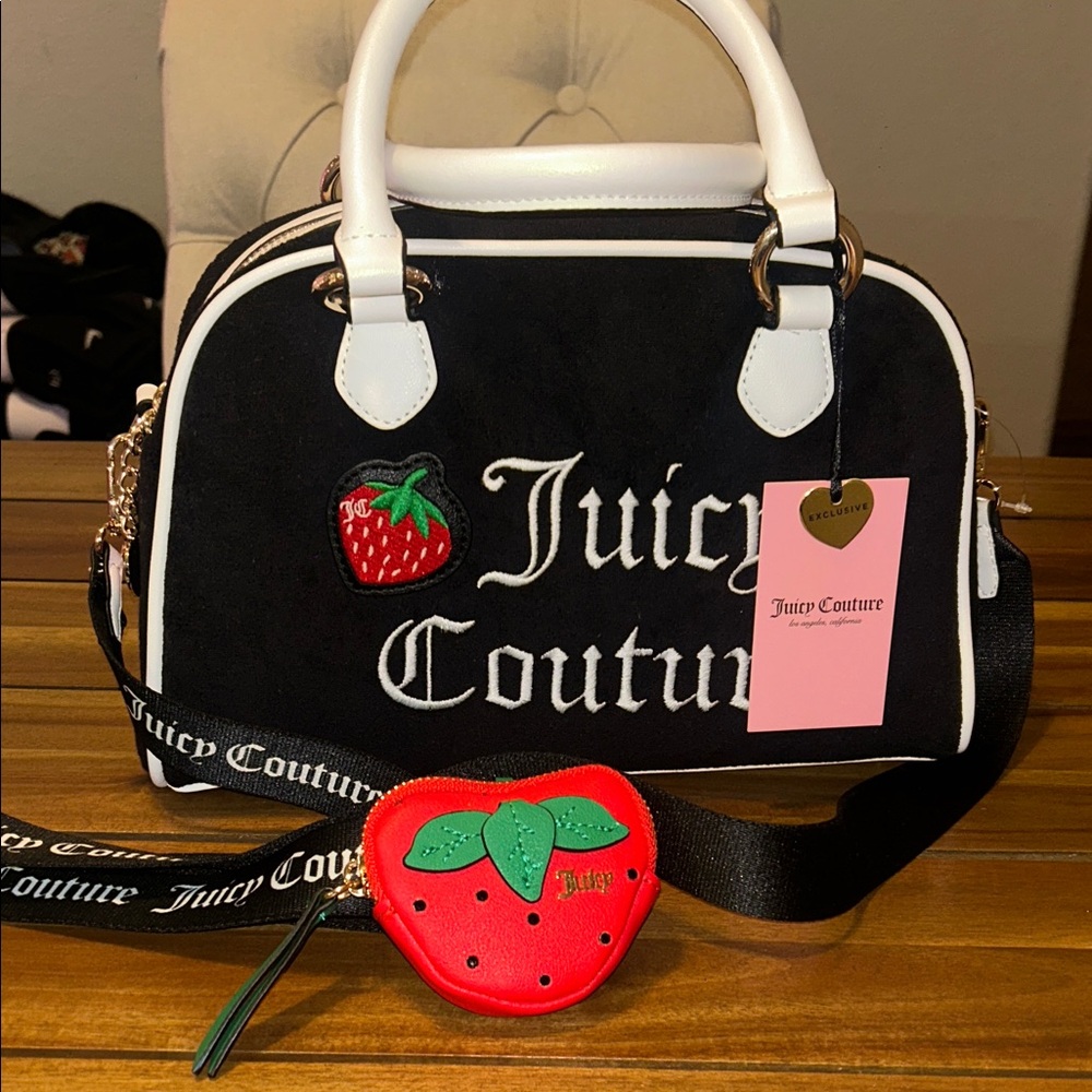 Juicy Couture Black and White Satchel with Strawberry Accent